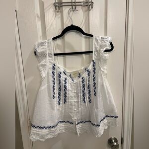 Anthropology (Maeve) White and Blue Ruffled Embroidered Blouse
